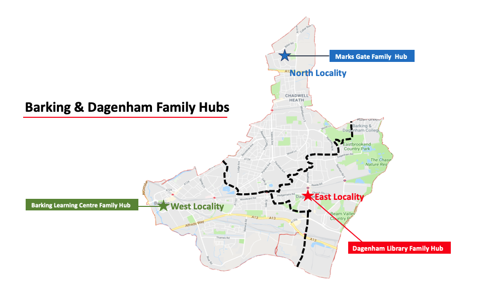 Map showing the localities the Family Hubs are in